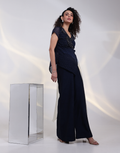 Statement Navy Ombre Wrap Jumpsuit with Beaded Floral Georgette Top, Silk Pant & Sheer Organza Cape_1