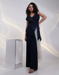Statement Navy Ombre Wrap Jumpsuit with Beaded Floral Georgette Top, Silk Pant & Sheer Organza Cape_3