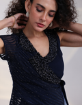 Statement Navy Ombre Wrap Jumpsuit with Beaded Floral Georgette Top, Silk Pant & Sheer Organza Cape_4