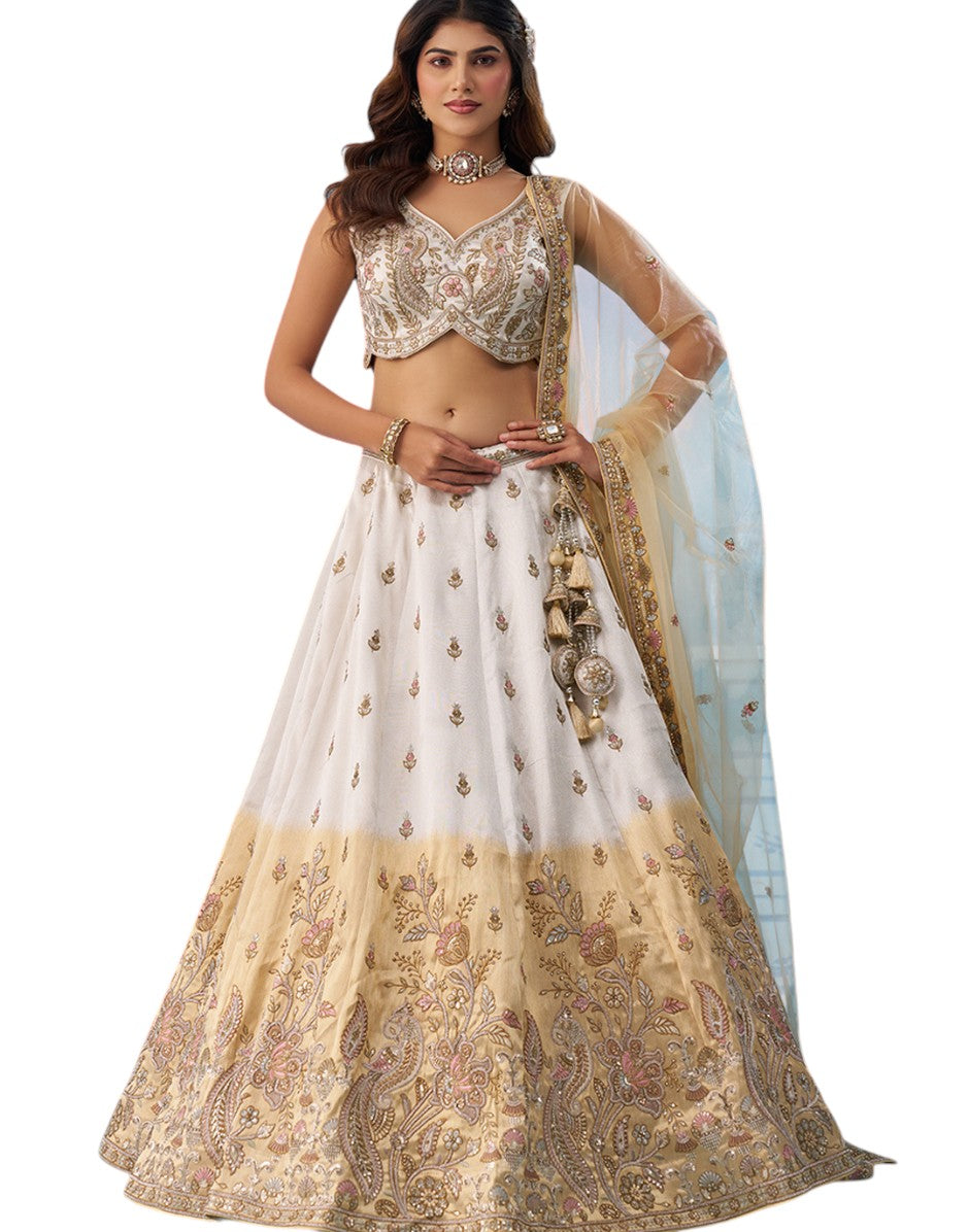 Statement Omber Beige & Cream Tissue Lehenga with Glittering Beads & Sequins Work and Designer Dupatta