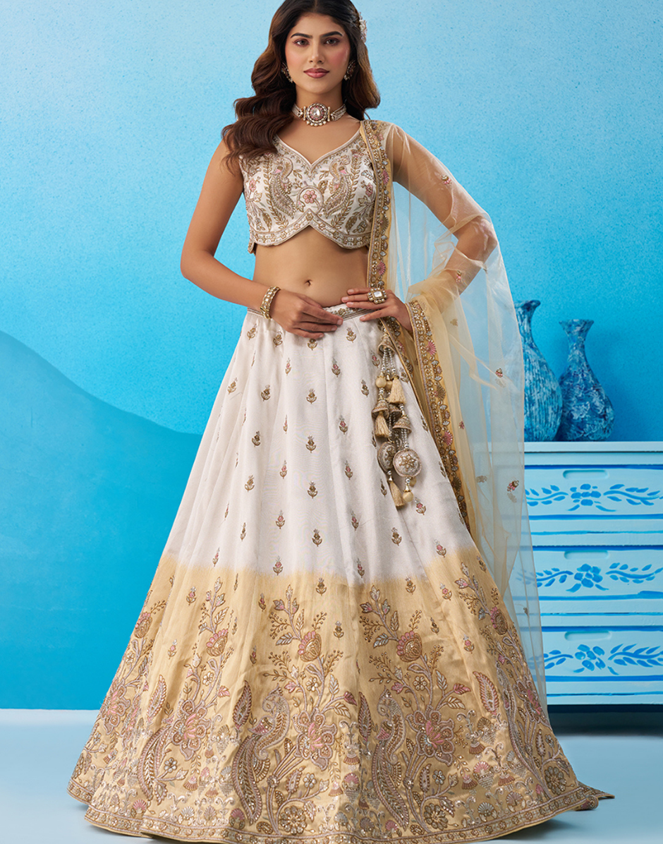Statement Omber Beige & Cream Tissue Lehenga with Glittering Beads & Sequins Work and Designer Dupatta