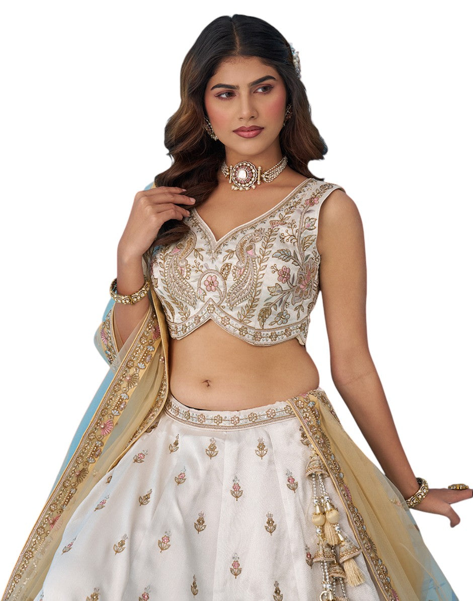 Statement Omber Beige & Cream Tissue Lehenga with Glittering Beads & Sequins Work and Designer Dupatta