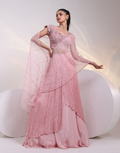 Statement Pink Saree-Gown Fusion with Applique Corset Flowing Ruched Skirt & Draped Palla