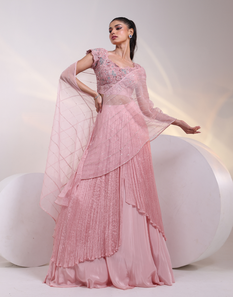 Statement Pink Saree-Gown Fusion with Applique Corset Flowing Ruched Skirt & Draped Palla