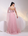 Statement Pink Saree-Gown Fusion with Applique Corset Flowing Ruched Skirt & Draped Palla_1