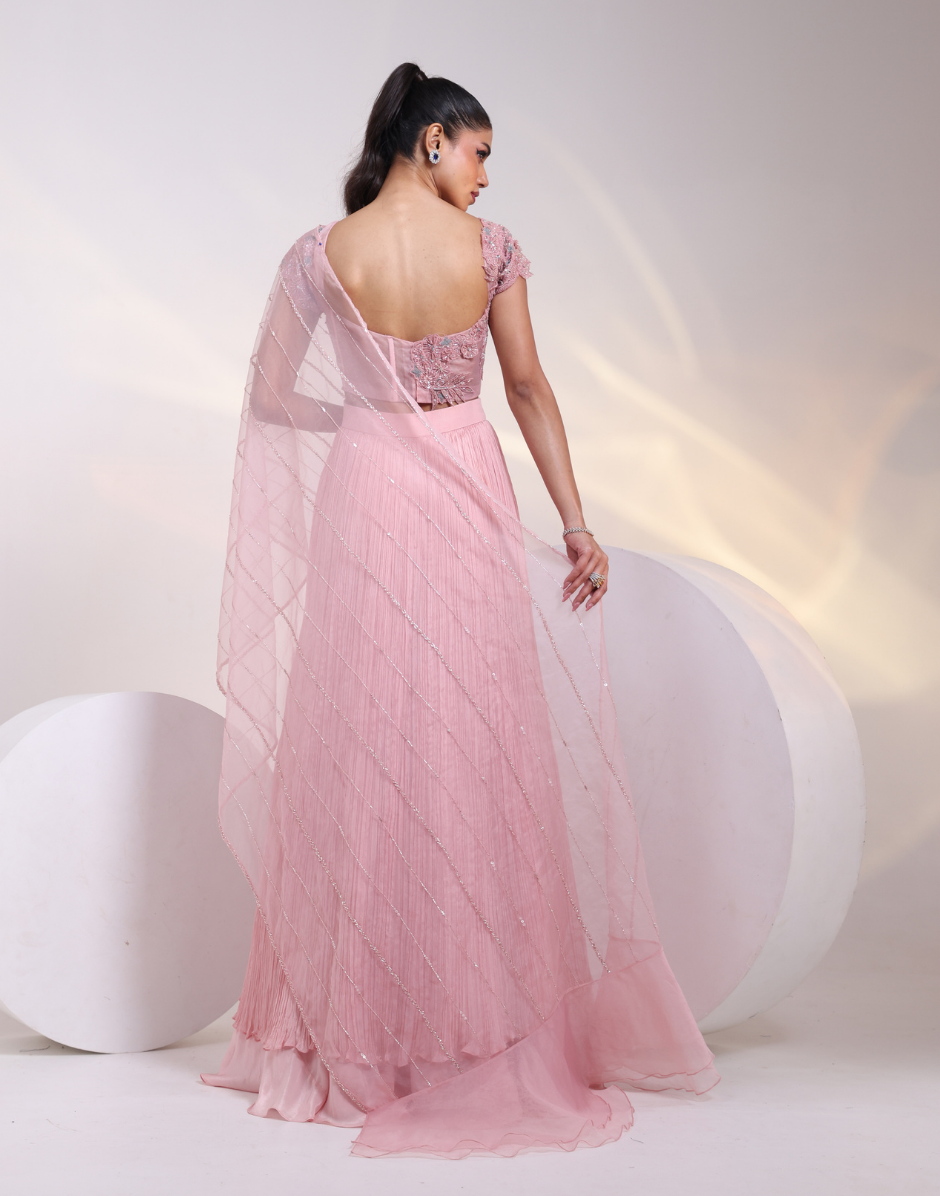 Statement Pink Saree-Gown Fusion with Applique Corset Flowing Ruched Skirt & Draped Palla_1