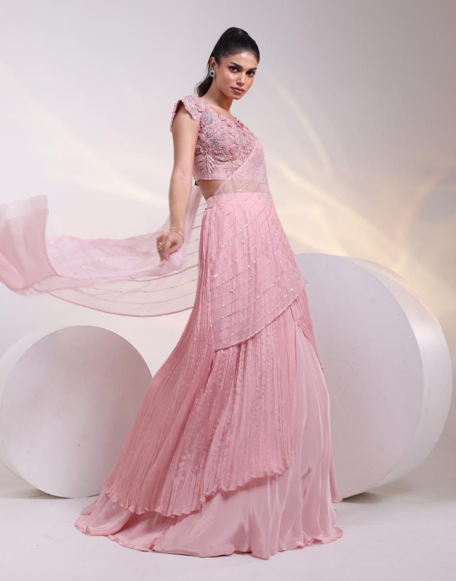 Statement Pink Saree-Gown Fusion with Applique Corset Flowing Ruched Skirt & Draped Palla_2