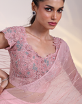 Statement Pink Saree-Gown Fusion with Applique Corset Flowing Ruched Skirt & Draped Palla_4