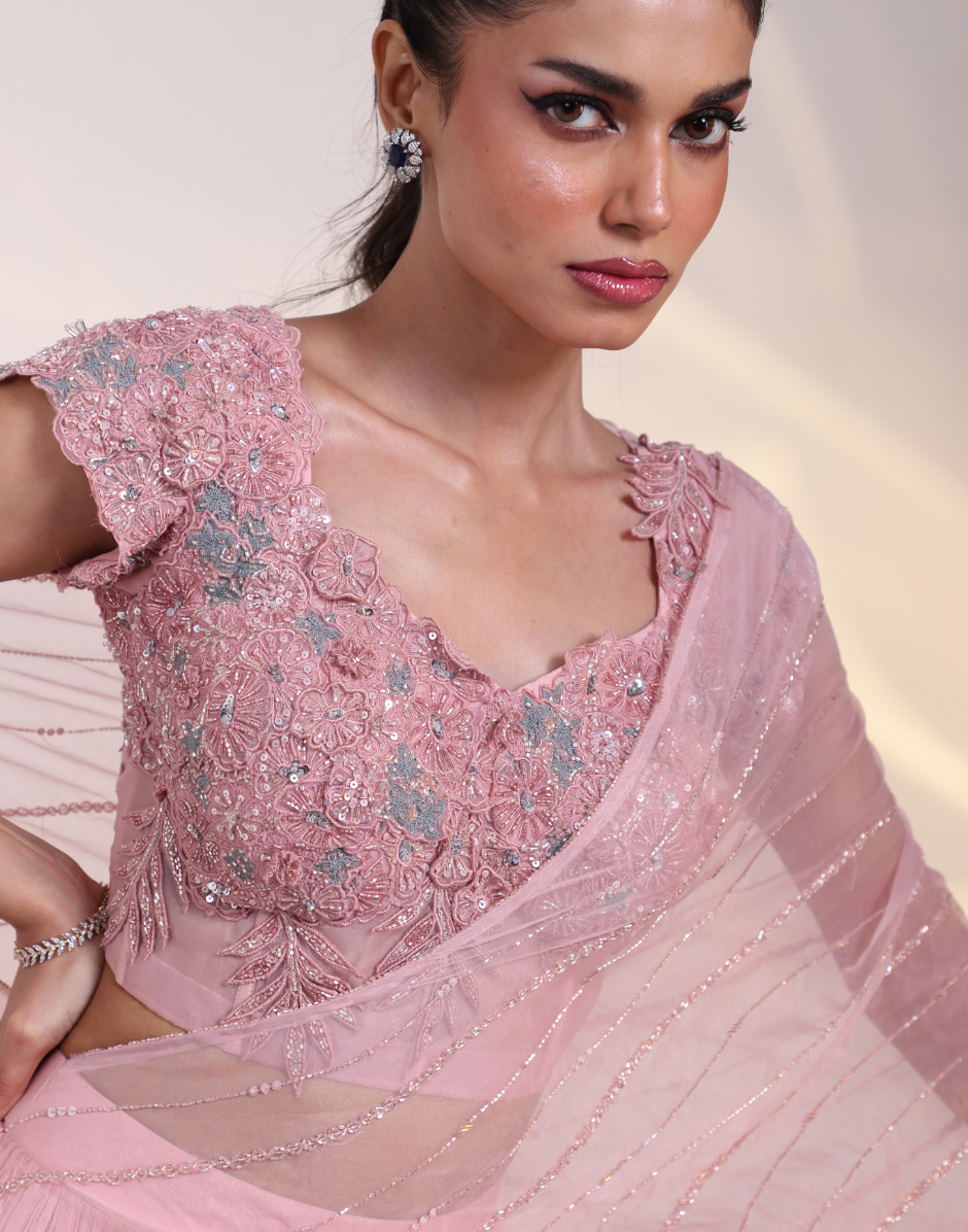Statement Pink Saree-Gown Fusion with Applique Corset Flowing Ruched Skirt & Draped Palla_4