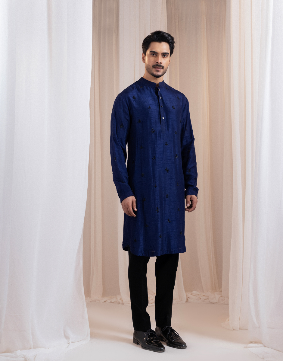 Stellar Dusk Navy Kurta Set for Men Sophisticated Floral Embroidery with Beads and Fine Thread Detailing