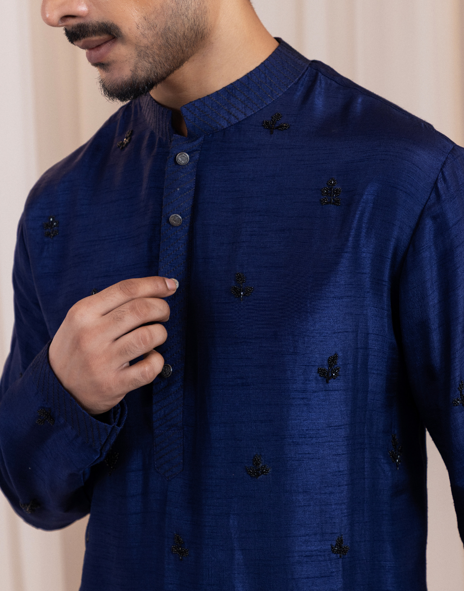 Stellar Dusk Navy Kurta Set for Men Sophisticated Floral Embroidery with Beads and Fine Thread Detailing
