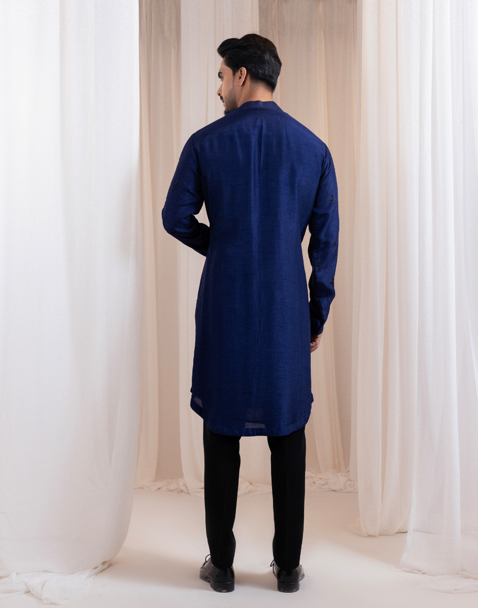 Stellar Dusk Navy Kurta Set for Men Sophisticated Floral Embroidery with Beads and Fine Thread Detailing_2