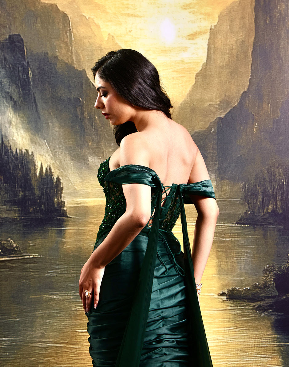 Striking Elegance Emerald Green Hand-Embellished Corset with Pleated F Striking Elegance Emerald Green Hand-Embellished Corset with Pleated F