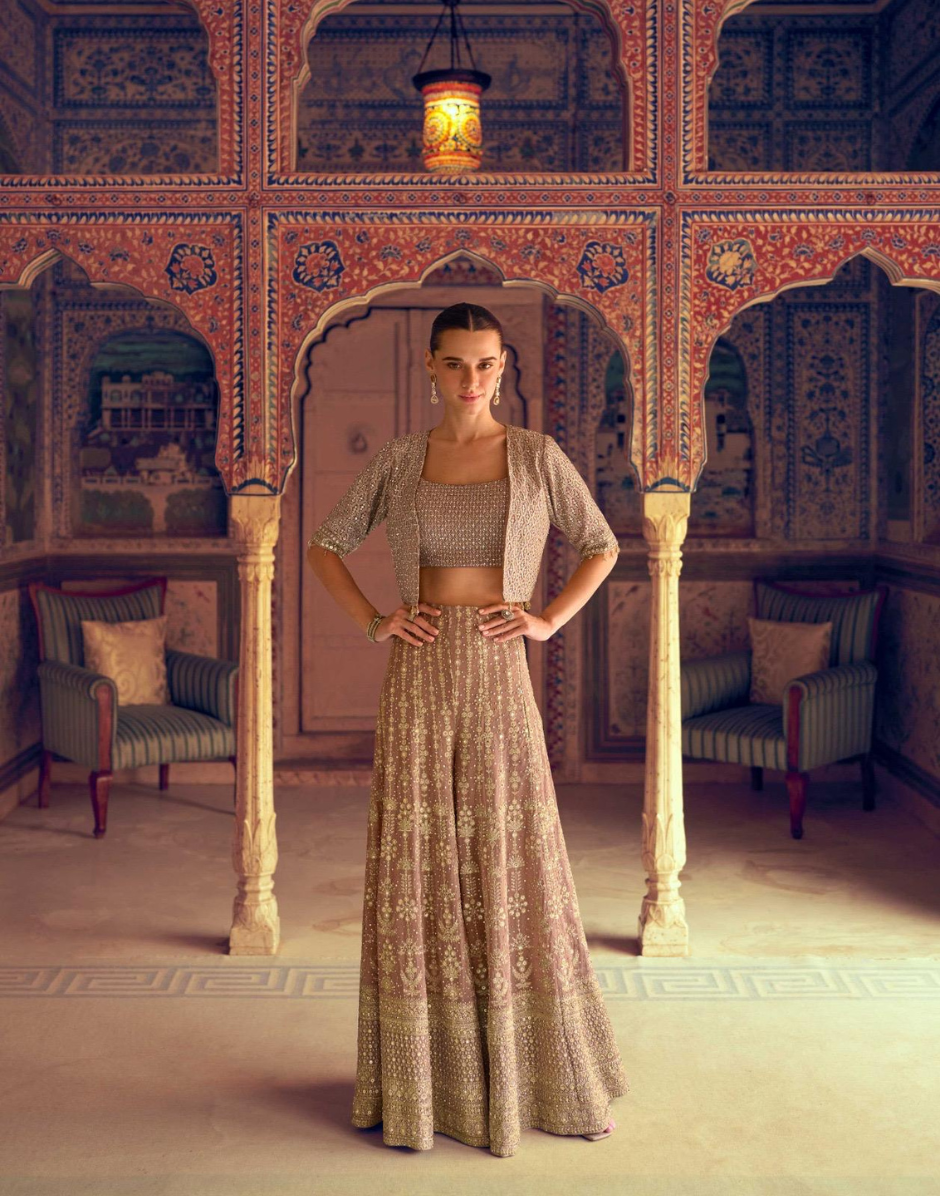 Stunning Beige Georgette Palazzo Set Ensemble Embroidery with Seroski Zarkan - Buy