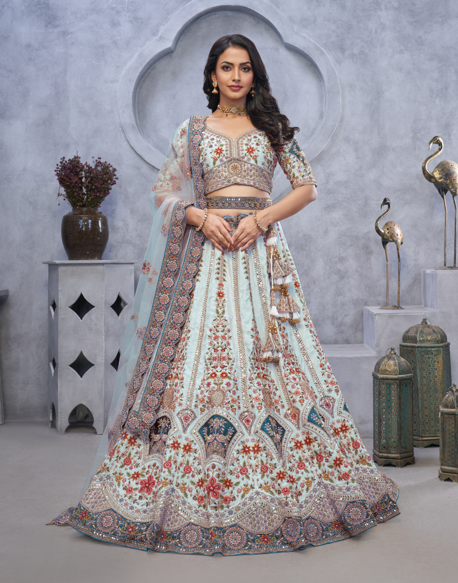 Stunning Bridal Lehenga with Zari Paisley Embroidery Silk Patches and Regal Peacock Motifs