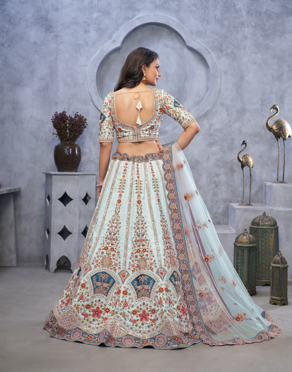 Stunning Bridal Lehenga with Zari Paisley Embroidery Silk Patches and Regal Peacock Motifs