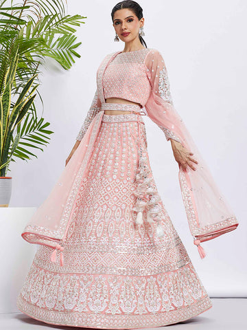 Stunning Coral Georgette Lehenga Choli with Intricate Sequins  - Rent