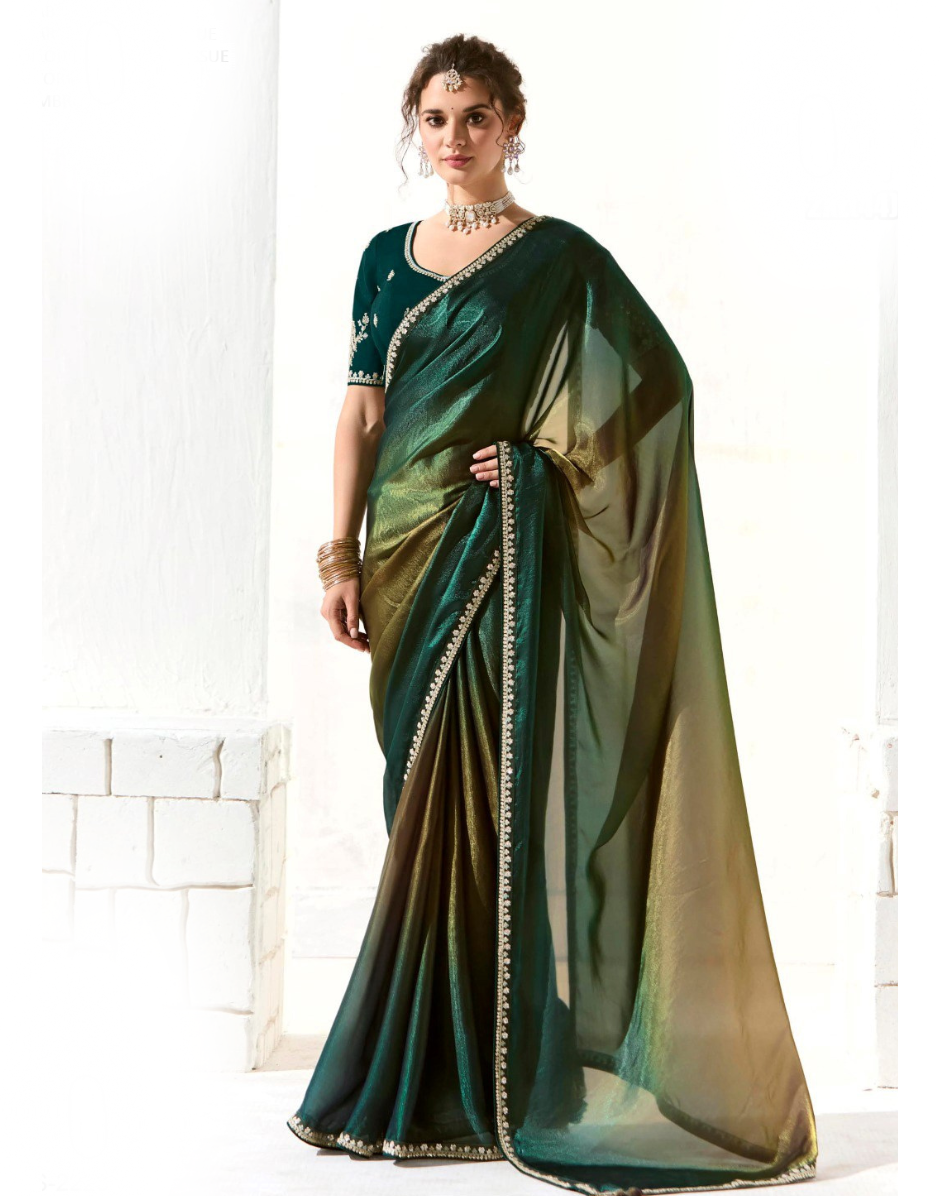 Stunning Dark Green Organza Tissue Saree with Handcrafted Sequin Embroidery