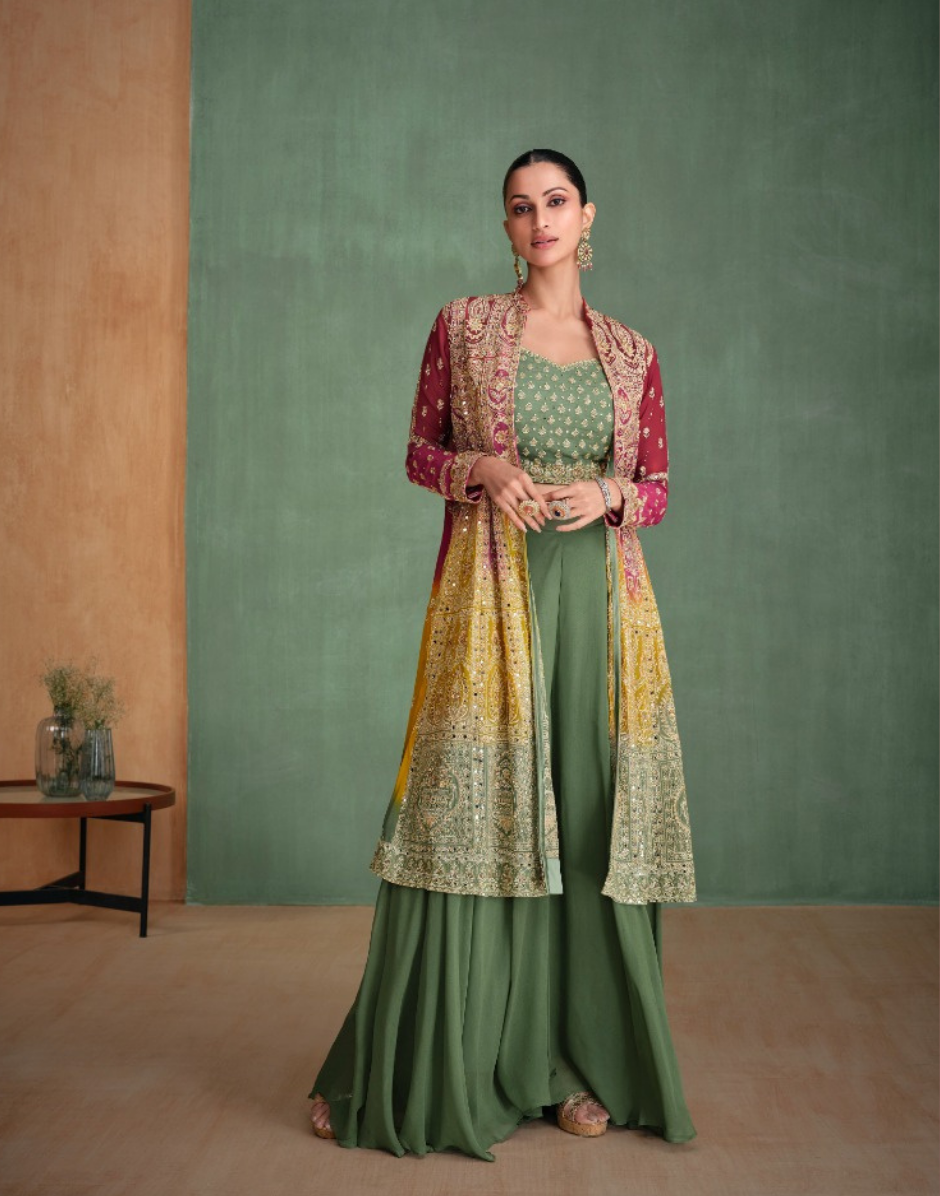 Stunning Green Georgette 3-Piece Set with Heavy Front & Back Embroidery and All Over Hand Embellished Mirror Work