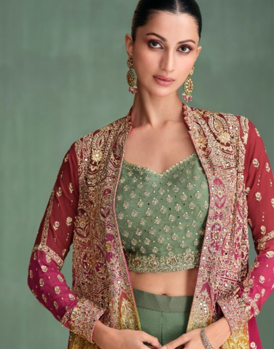 Stunning Green Georgette 3-Piece Set with Heavy Front & Back Embroidery and All Over Hand Embellished Mirror Work