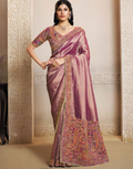 Stunning Mauve Kanjivaram Jacquard Saree with Printed Design, Hand Embroidery & Satin Silk Blouse - Buy