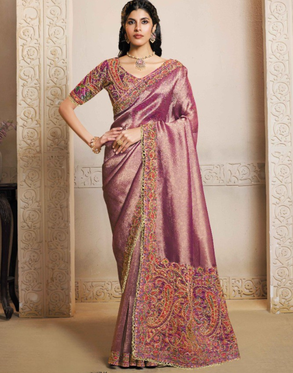 Stunning Mauve Kanjivaram Jacquard Saree with Printed Design, Hand Embroidery & Satin Silk Blouse - Buy
