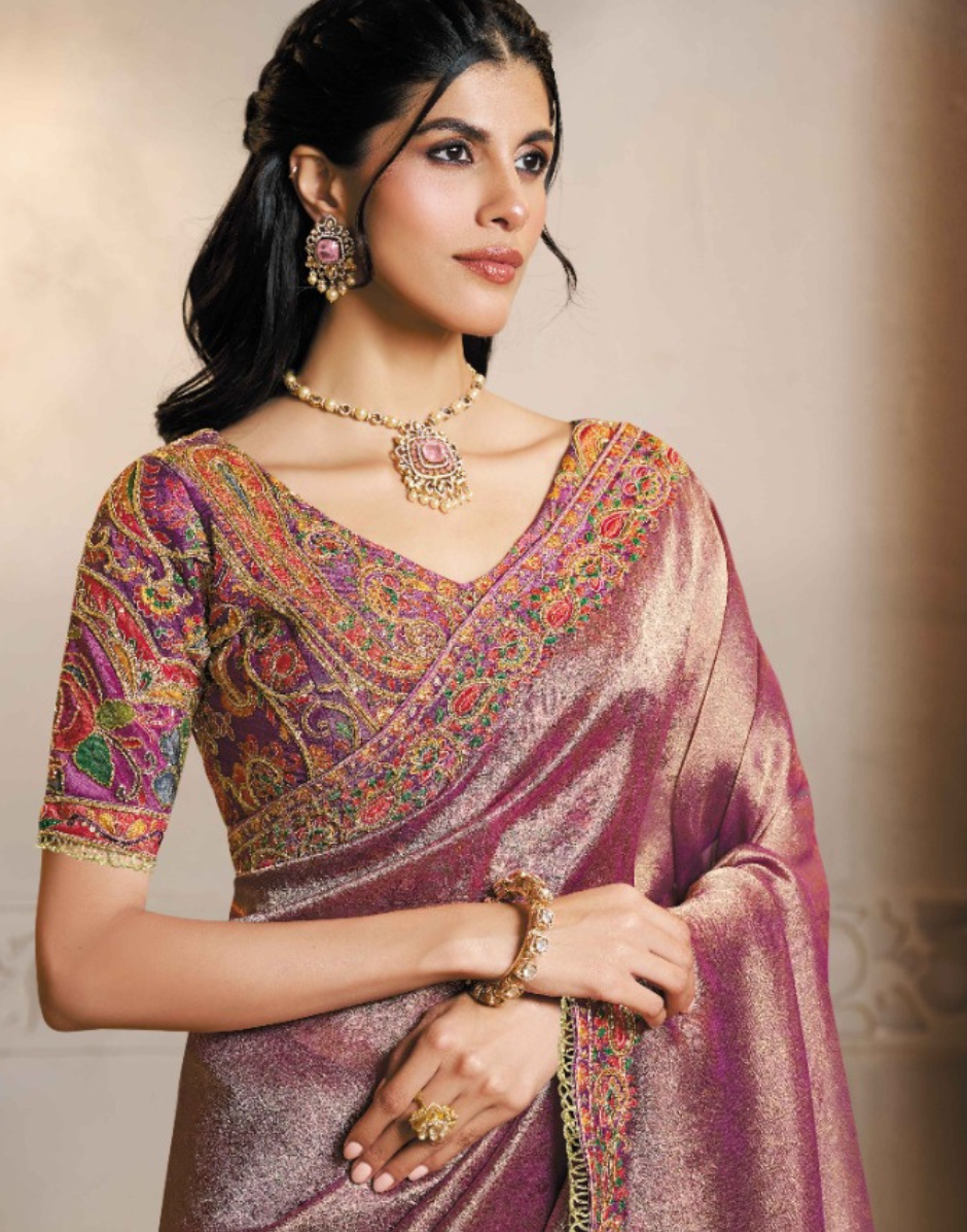 Stunning Mauve Kanjivaram Jacquard Saree with Printed Design, Hand Embroidery & Satin Silk Blouse - Buy