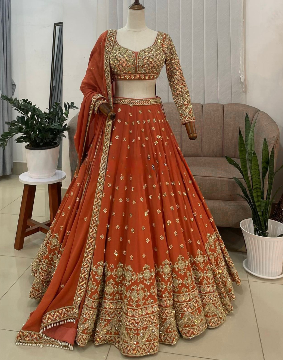 Stunning Orange Embroidered Lehenga – Intricate Sequin & Thread Design on Georgette