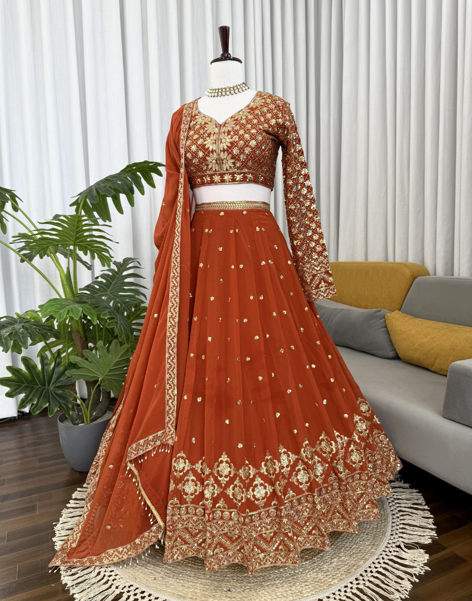 Stunning Orange Embroidered Lehenga – Intricate Sequin & Thread Design on Georgette_1
