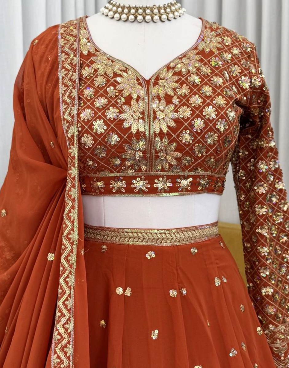 Stunning Orange Embroidered Lehenga – Intricate Sequin & Thread Design on Georgette_3
