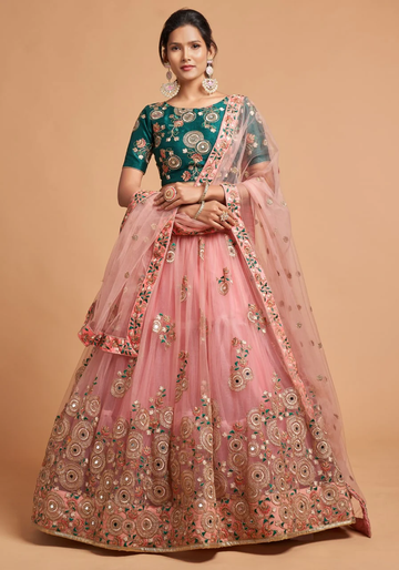 Stunning Peach Zari Embroidery Work Art Silk Lehenga