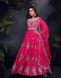 Stunning Pink Chinon Silk Gown with Full Floral Embroidery Paired with Embroidered Organza Dupatta