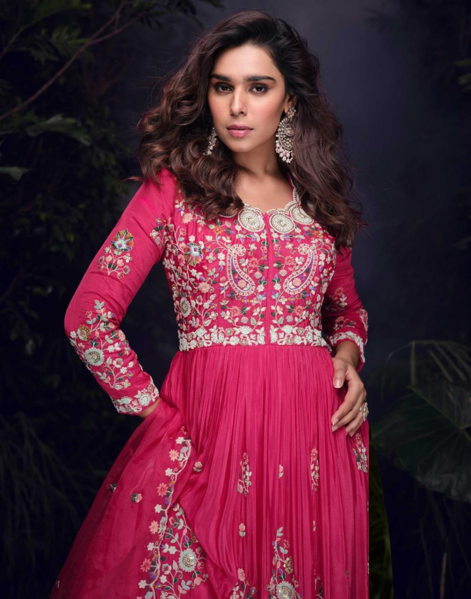 Stunning Pink Chinon Silk Gown with Full Floral Embroidery Paired with Embroidered Organza Dupatta_2