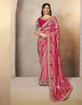 Stunning Pink Shaded Jacquard Silk Saree with Multi-Stone Hand Embroidery with Matching Satin Silk Blouse - Buy