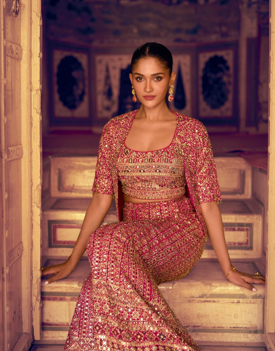 Stunning Red Georgette Embroidered Palazzo Outfit Zarkan Work with Blouse & Long Jacket - Buy_2