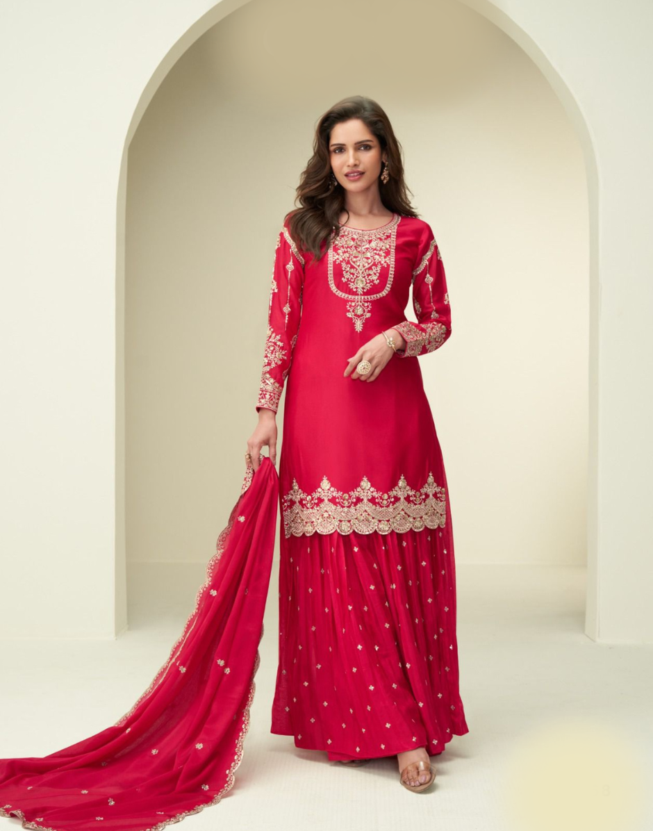Stunning Red Sharara Outfit Embroidered Chinon Silk with Gota Patti Work