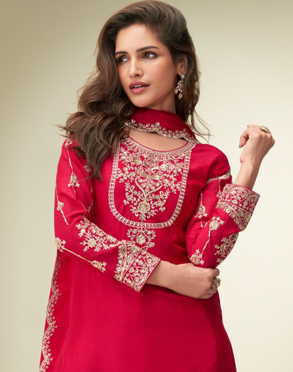 Stunning Red Sharara Outfit Embroidered Chinon Silk with Gota Patti Work_2