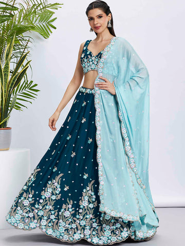 Stunning Teal Georgette Lehenga Choli with Intricate Sequins  - Rent