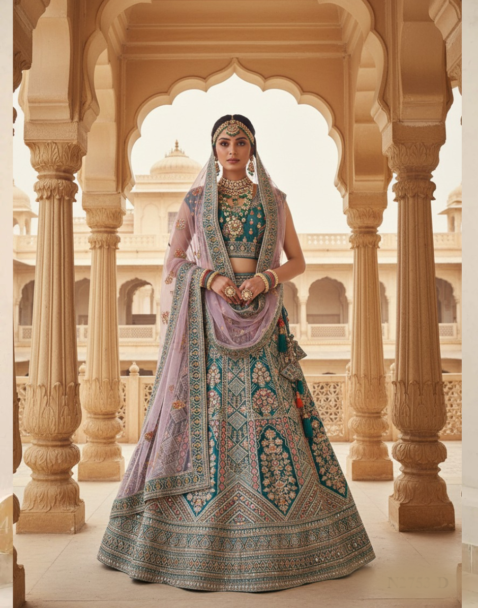 Stunning Teal Velvet Lehenga for Bridesmaids & Brides Beaded Blouse & Net Dupatta - Buy