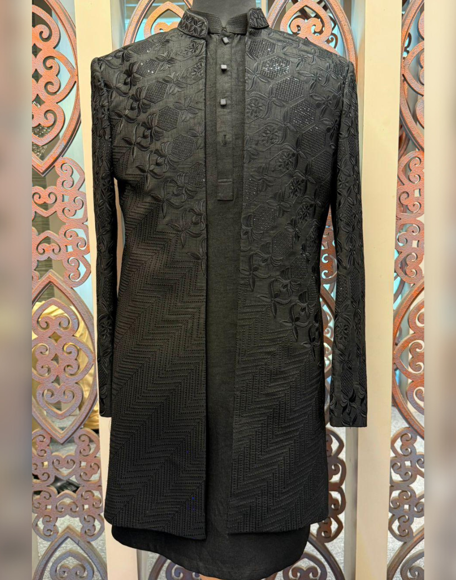 Stylish Black Kurta and Jacket Set for Men with Embroidery & Sequins