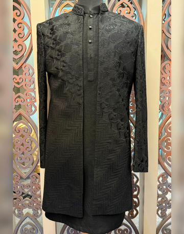 Stylish Black Kurta and Jacket Set for Men with Embroidery & Sequins