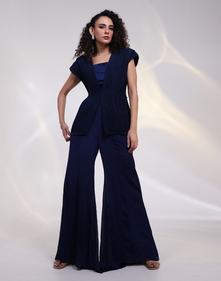 Stylish Blue Three-Piece Set with Bustier, Flared Pants & Structured Overlay