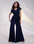 Stylish Blue Three-Piece Set with Bustier, Flared Pants & Structured Overlay