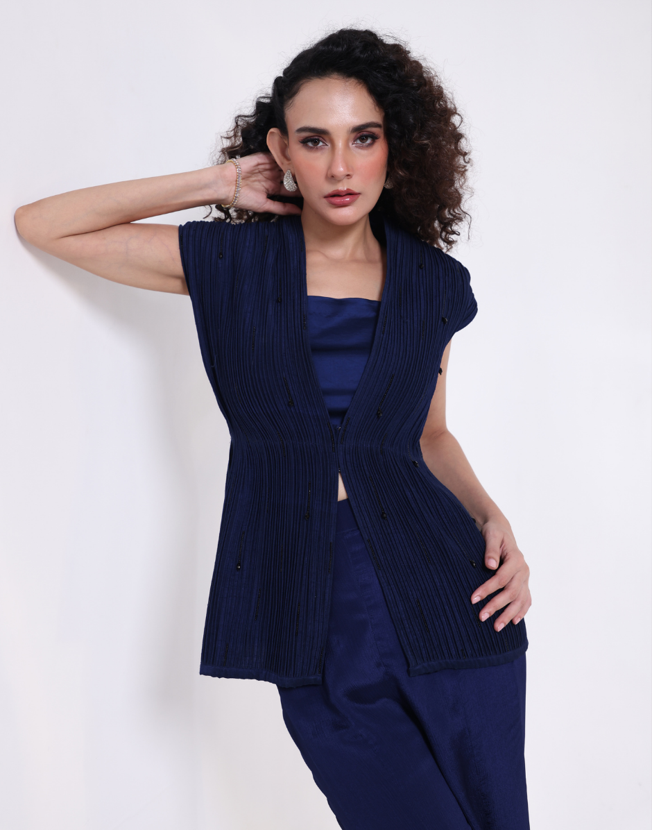 Stylish Blue Three-Piece Set with Bustier, Flared Pants & Structured Overlay_2