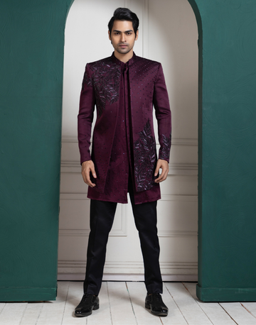 Stylish & Contemporary Plum Asymmetric Embroidered Bandhgala