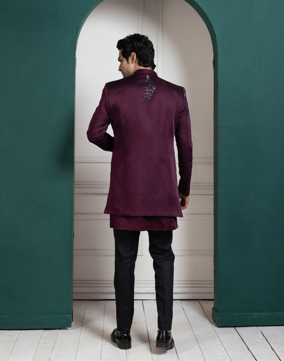 Stylish & Contemporary Plum Asymmetric Embroidered Bandhgala