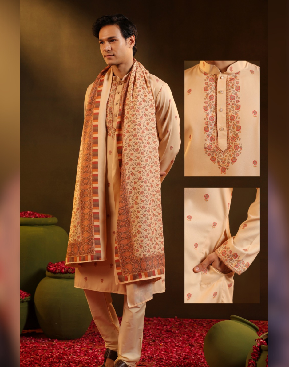 Stylish Cream Floral Kurta Pajama Dupatta Set Luxurious Poly Spun Pashmina Touch