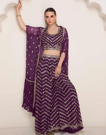 Stylish & Elegant Wine Georgette Chinon 3-Piece Set with Front & Back Embroidery and Net Dupatta