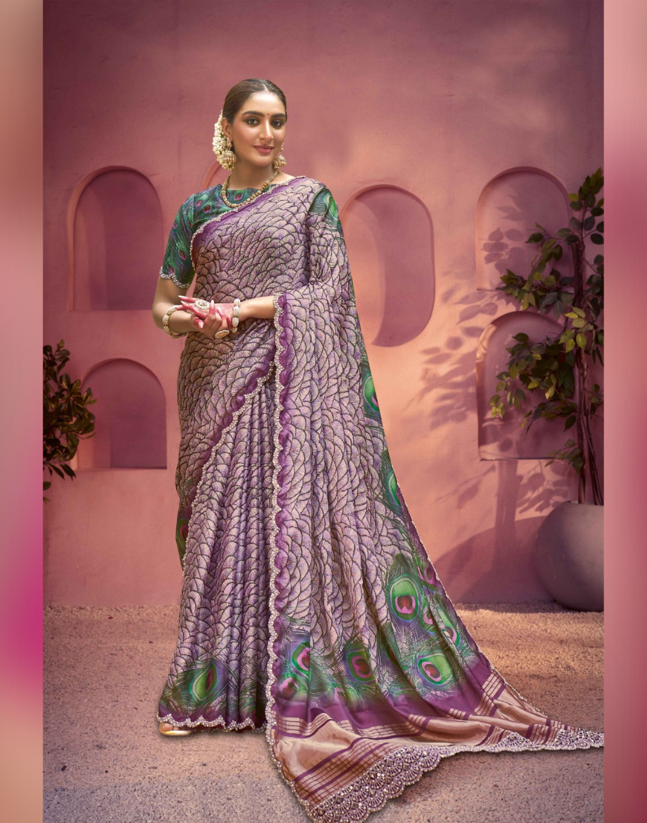 Stylish Grey Gajji Satin Silk Saree Traditional Print Accented with Handcrafted Embellishments - Buy