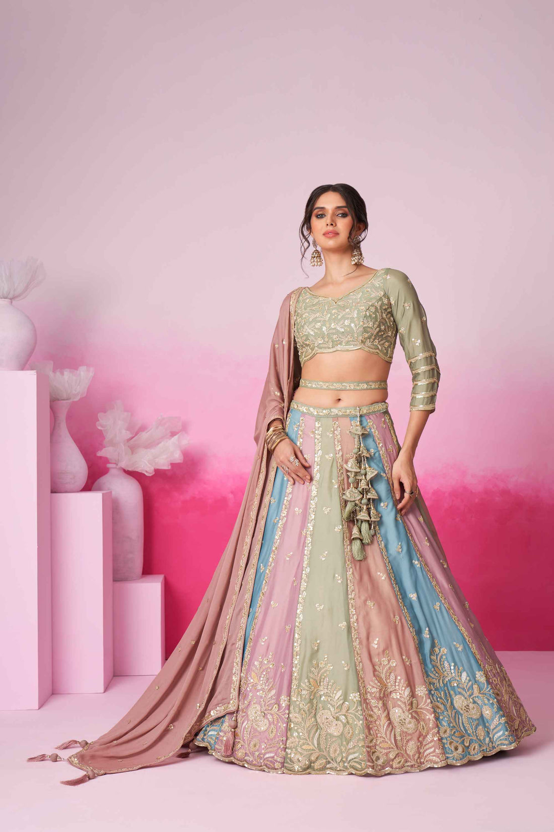 Stylish Lime Green Georgette Lehenga Choli with Sequins - Rent